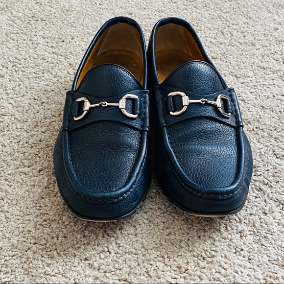 Gucci Navy Blue Genuine Pebbled Leather Loafer with Silver Horse-bit Size 7 - Picture 7 of 12
